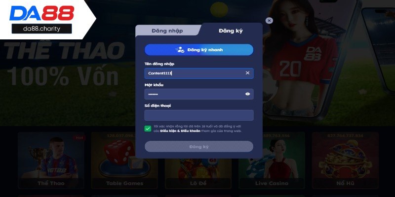 Xác nhận để tạo tài khoản sân chơi thành công